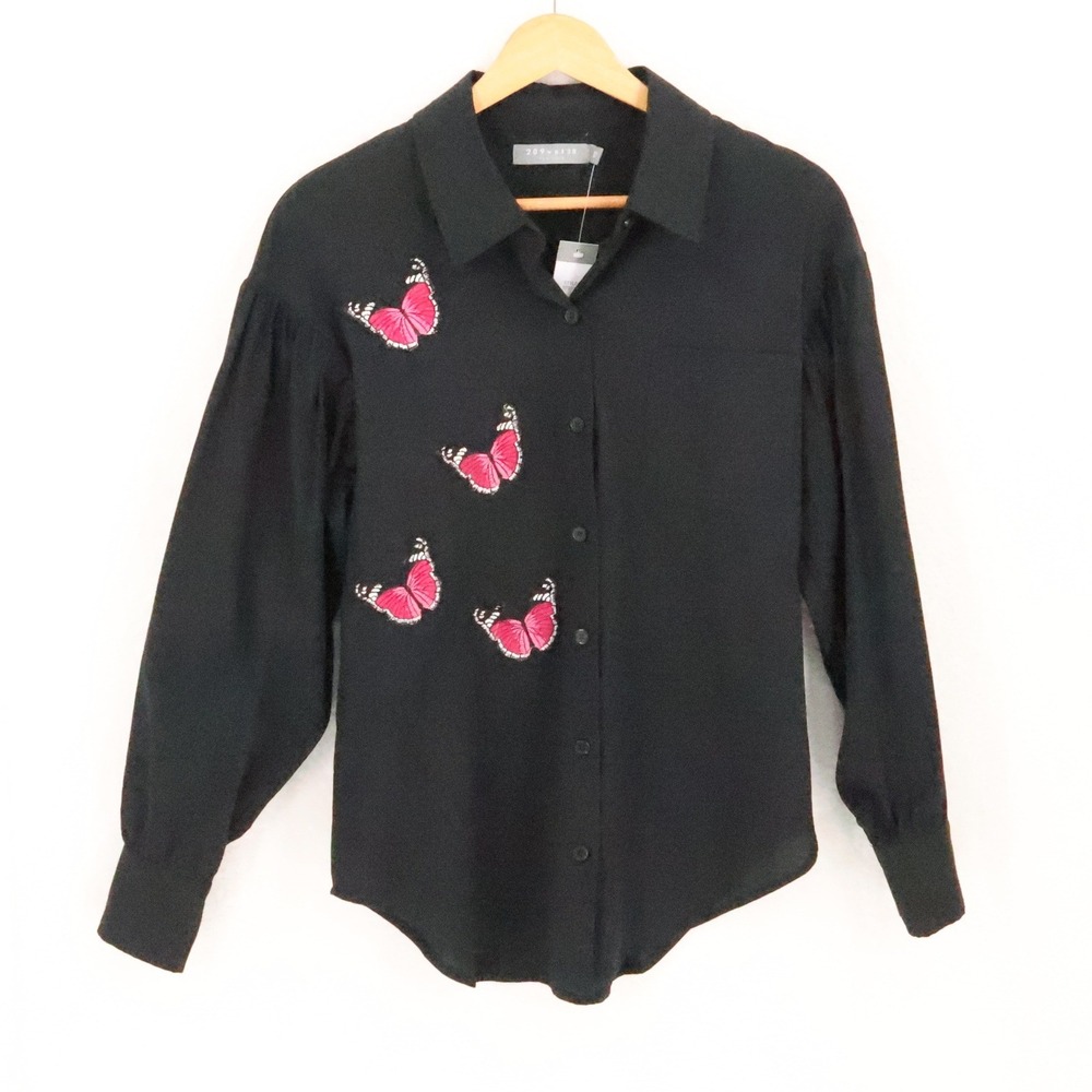 Butterfly Button Up Top Womens Size XS Black Whimsigoth Dark Fairy Cotton NWT